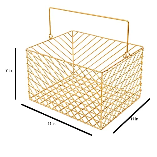 Craft Brio -A TRENDY HANDICRAFTS Gold Plated Square Wire Metal Basket Decorative Gifting Storage Organizer with Handle Kitchen Bathroom Home Decor Basket view 6
