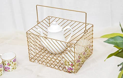 Craft Brio -A TRENDY HANDICRAFTS Gold Plated Square Wire Metal Basket Decorative Gifting Storage Organizer with Handle Kitchen Bathroom Home Decor Basket view 7