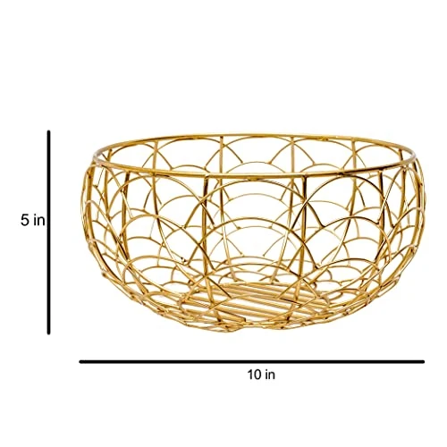 Craft Brio -A TRENDY HANDICRAFTS Multi-Purpose Metal Gold Plated Round Wire Decorative Fruit Basket Gifting Bowl Organizer Table Top (Gold, Medium, 9.5 X 10 X 5 Ht), 3 kilogram view 4