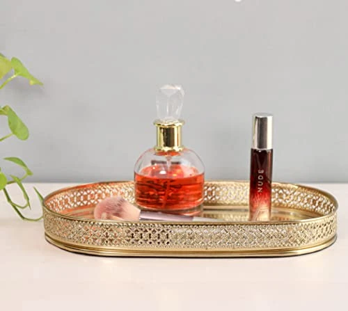 Craft Brio -A TRENDY HANDICRAFTS Oval Glass Mirror Gold Plated Tray Decorative Vanity Perfume Storage Pooja Wedding Diwali Gifting Trays (28 X 16 cm) view 3
