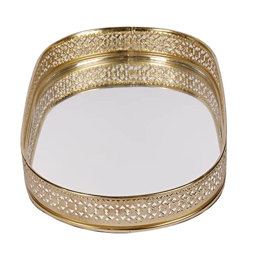Craft Brio -A TRENDY HANDICRAFTS Oval Glass Mirror Gold Plated Tray Decorative Vanity Perfume Storage Pooja Wedding Diwali Gifting Trays (28 X 16 cm) view 5