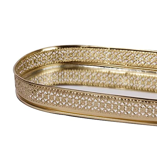 Craft Brio -A TRENDY HANDICRAFTS Oval Glass Mirror Gold Plated Tray Decorative Vanity Perfume Storage Pooja Wedding Diwali Gifting Trays (28 X 16 cm) view 6