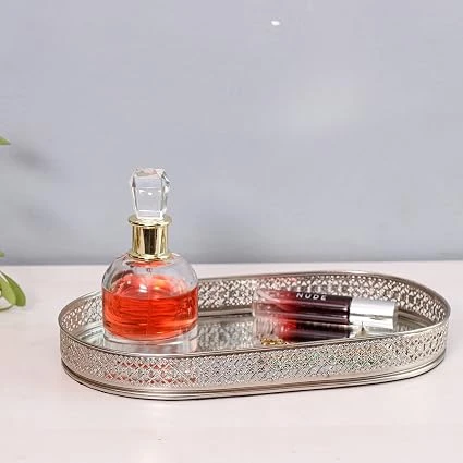 Craft Brio -A TRENDY HANDICRAFTS Oval Glass Mirror Silver Plated Tray Decorative Vanity Perfume Storage Pooja Wedding Gifting Metal Laser Cutting Trays (28 X 16 cm) view 2