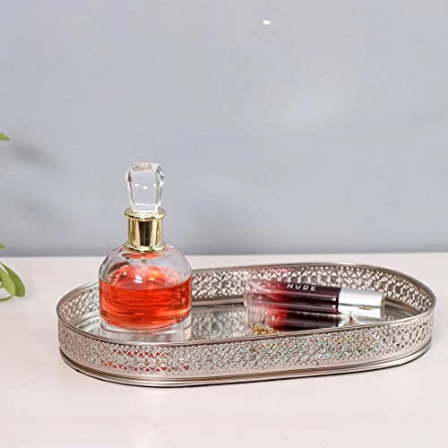 Craft Brio -A TRENDY HANDICRAFTS Oval Glass Mirror Silver Plated Tray Decorative Vanity Perfume Storage Pooja Wedding Gifting Metal Laser Cutting Trays (28 X 16 cm) view 3
