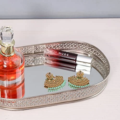 Craft Brio -A TRENDY HANDICRAFTS Oval Glass Mirror Silver Plated Tray Decorative Vanity Perfume Storage Pooja Wedding Gifting Metal Laser Cutting Trays (28 X 16 cm) view 4