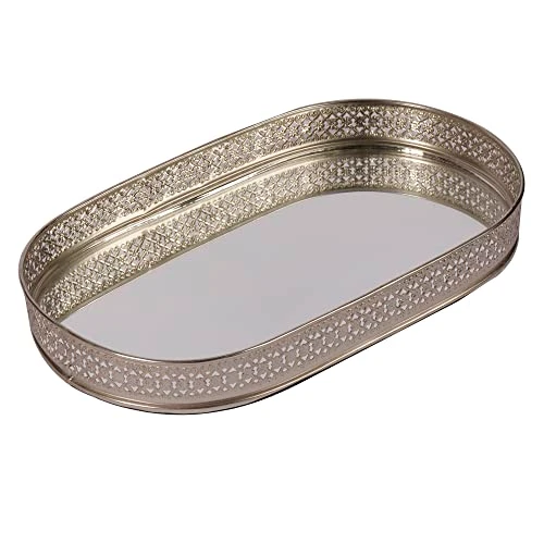 Craft Brio -A TRENDY HANDICRAFTS Oval Glass Mirror Silver Plated Tray Decorative Vanity Perfume Storage Pooja Wedding Gifting Metal Laser Cutting Trays (28 X 16 cm) view 5