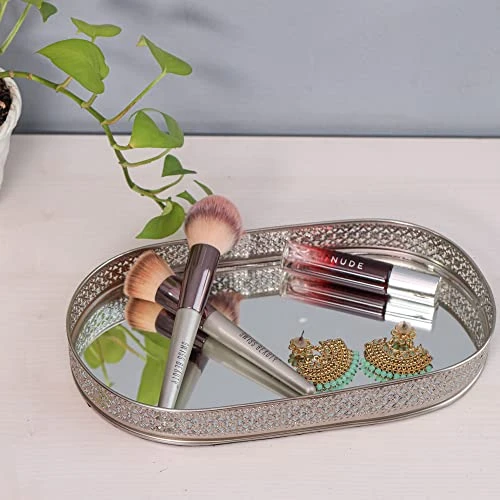 Craft Brio -A TRENDY HANDICRAFTS Oval Glass Mirror Silver Plated Tray Decorative Vanity Perfume Storage Pooja Wedding Gifting Metal Laser Cutting Trays (28 X 16 cm) view 6