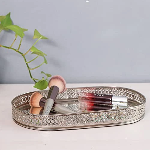 Craft Brio -A TRENDY HANDICRAFTS Oval Glass Mirror Silver Plated Tray Decorative Vanity Perfume Storage Pooja Wedding Gifting Metal Laser Cutting Trays (28 X 16 cm) view 7
