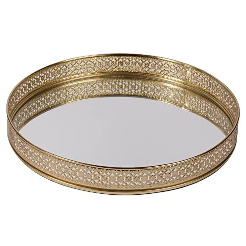 Craft Brio -A TRENDY HANDICRAFTS Round Glass Mirror Gold Plated Tray Decorative Vanity Perfume Storage Pooja Wedding Gifting Display Laser Cutting Trays (25 X 3 H cm) view 2