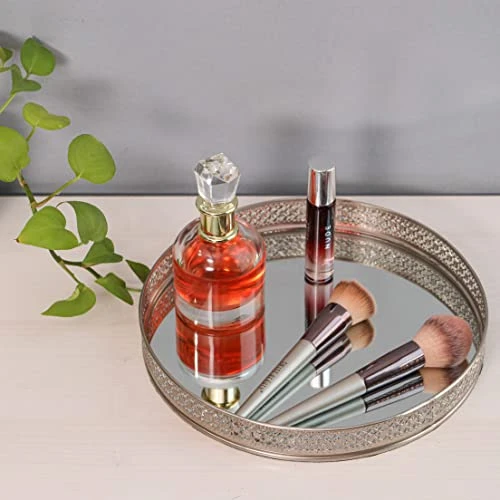 Craft Brio -A TRENDY HANDICRAFTS Round Glass Mirror Gold Plated Tray Decorative Vanity Perfume Storage Pooja Wedding Gifting Display Laser Cutting Trays (25 X 3 H cm) view 3