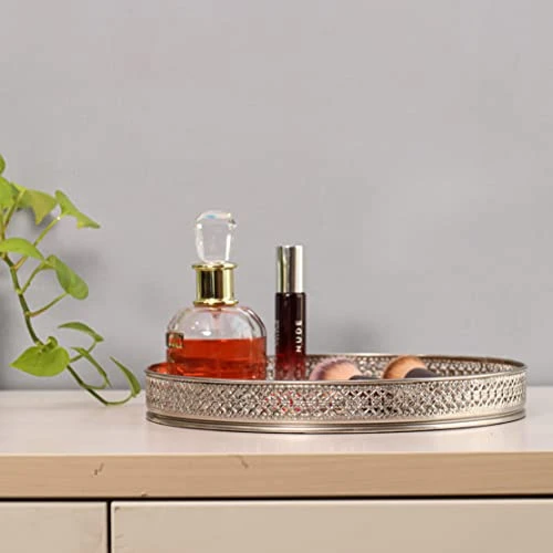 Craft Brio -A TRENDY HANDICRAFTS Round Glass Mirror Gold Plated Tray Decorative Vanity Perfume Storage Pooja Wedding Gifting Display Laser Cutting Trays (25 X 3 H cm) view 4