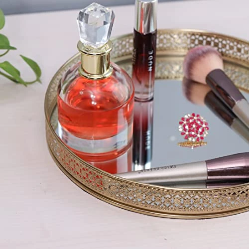 Craft Brio -A TRENDY HANDICRAFTS Round Glass Mirror Gold Plated Tray Decorative Vanity Perfume Storage Pooja Wedding Gifting Display Laser Cutting Trays (25 X 3 H cm) view 5