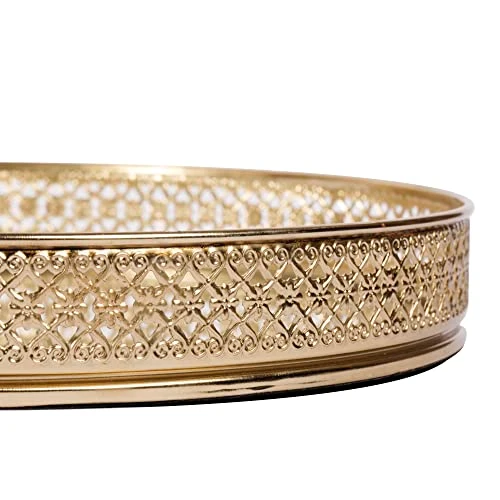 Craft Brio -A TRENDY HANDICRAFTS Round Glass Mirror Gold Plated Tray Decorative Vanity Perfume Storage Pooja Wedding Gifting Display Laser Cutting Trays (25 X 3 H cm) view 6