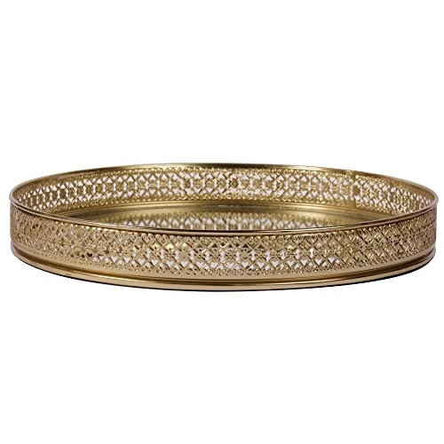 Craft Brio -A TRENDY HANDICRAFTS Round Glass Mirror Gold Plated Tray Decorative Vanity Perfume Storage Pooja Wedding Gifting Display Laser Cutting Trays (25 X 3 H cm) view 7