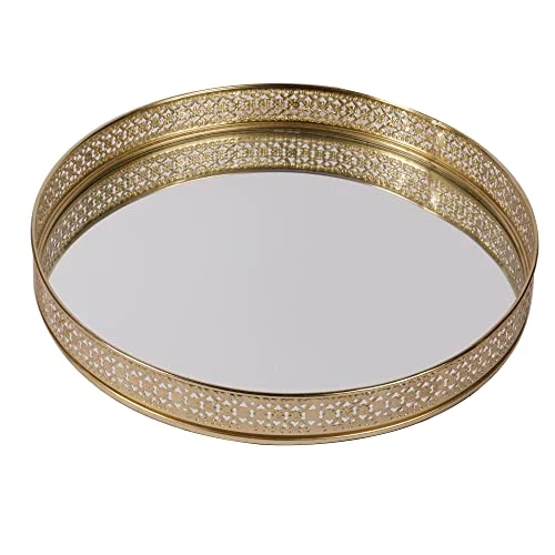 Craft Brio -A TRENDY HANDICRAFTS Round Glass Mirror Gold Plated Tray Decorative Vanity Perfume Storage Pooja Wedding Gifting Display Laser Cutting Trays (25 X 3 H cm) view 8