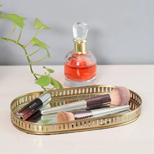 Craft Brio -A TRENDY HANDICRAFTS Oval Glass Mirror Gold Plated Serving Tray Decorative Diwali Gifting Vanity Perfume Storage Pooja Wedding Gifting Trays (28 X 16 cm) view 4