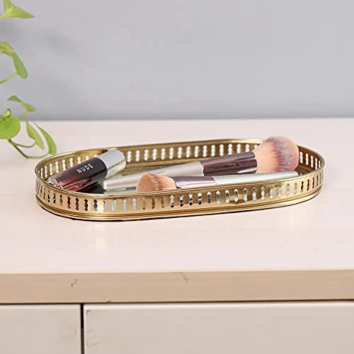 Craft Brio -A TRENDY HANDICRAFTS Oval Glass Mirror Gold Plated Serving Tray Decorative Diwali Gifting Vanity Perfume Storage Pooja Wedding Gifting Trays (28 X 16 cm) view 5
