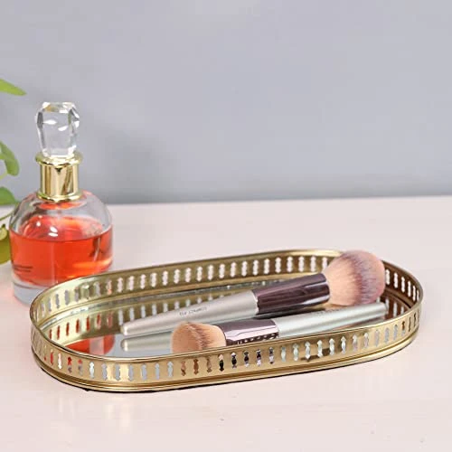 Craft Brio -A TRENDY HANDICRAFTS Oval Glass Mirror Gold Plated Serving Tray Decorative Diwali Gifting Vanity Perfume Storage Pooja Wedding Gifting Trays (28 X 16 cm) view 6