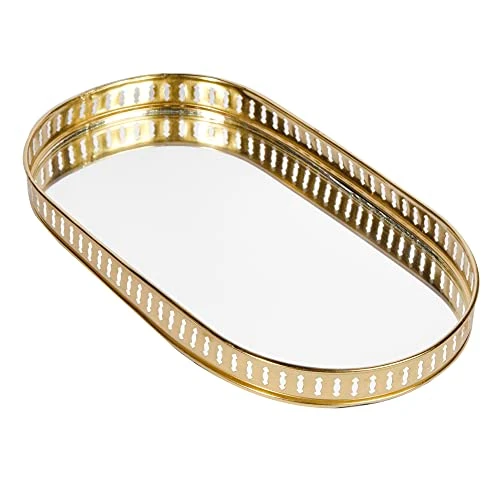 Craft Brio -A TRENDY HANDICRAFTS Oval Glass Mirror Gold Plated Serving Tray Decorative Diwali Gifting Vanity Perfume Storage Pooja Wedding Gifting Trays (28 X 16 cm) view 8