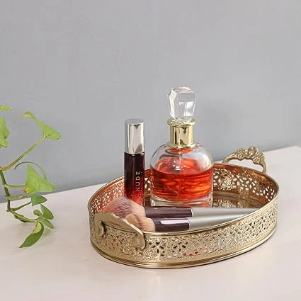 Craft Brio -A TRENDY HANDICRAFTS Oval Glass Mirror Gold Plated Serving Tray with Handmade Handles Decorative Vanity Perfume Storage Pooja Wedding Gifting Trays (28 X 16 cm) view 2
