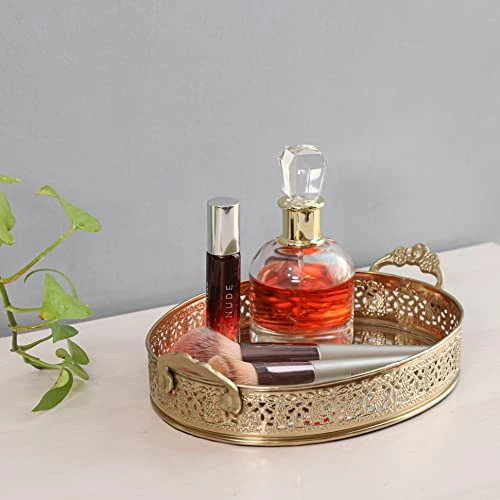 Craft Brio -A TRENDY HANDICRAFTS Oval Glass Mirror Gold Plated Serving Tray with Handmade Handles Decorative Vanity Perfume Storage Pooja Wedding Gifting Trays (28 X 16 cm) view 3