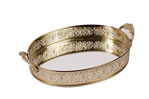 Craft Brio -A TRENDY HANDICRAFTS Oval Glass Mirror Gold Plated Serving Tray with Handmade Handles Decorative Vanity Perfume Storage Pooja Wedding Gifting Trays (28 X 16 cm) view 4