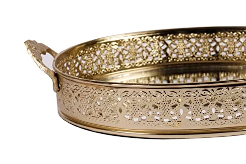Craft Brio -A TRENDY HANDICRAFTS Oval Glass Mirror Gold Plated Serving Tray with Handmade Handles Decorative Vanity Perfume Storage Pooja Wedding Gifting Trays (28 X 16 cm) view 5