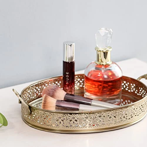 Craft Brio -A TRENDY HANDICRAFTS Oval Glass Mirror Gold Plated Serving Tray with Handmade Handles Decorative Vanity Perfume Storage Pooja Wedding Gifting Trays (28 X 16 cm) view 7