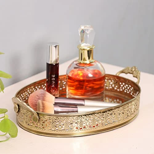 Craft Brio -A TRENDY HANDICRAFTS Oval Glass Mirror Gold Plated Serving Tray with Handmade Handles Decorative Vanity Perfume Storage Pooja Wedding Gifting Trays (28 X 16 cm) view 8