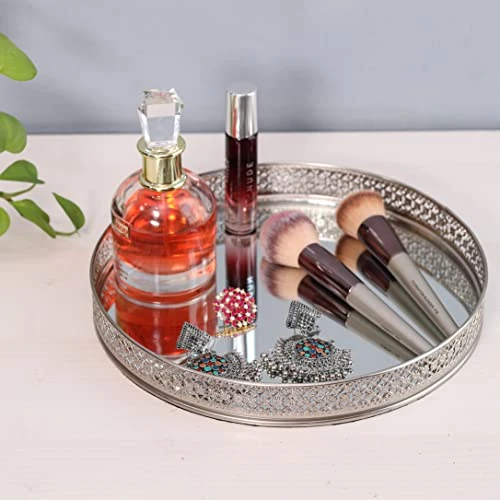 Craft Brio -A TRENDY HANDICRAFTS Round Glass Mirror Silver Plated Serving Tray Decorative Vanity Perfume Storage Pooja Wedding Gifting Metal Laser Cutting Trays (25 X 3 H cm) view 1