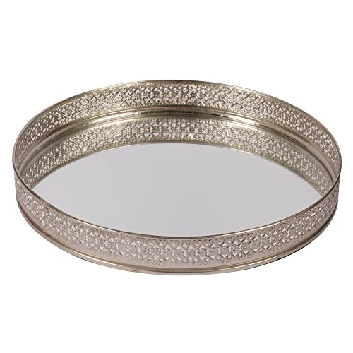 Craft Brio -A TRENDY HANDICRAFTS Round Glass Mirror Silver Plated Serving Tray Decorative Vanity Perfume Storage Pooja Wedding Gifting Metal Laser Cutting Trays (25 X 3 H cm) view 2