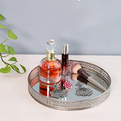 Craft Brio -A TRENDY HANDICRAFTS Round Glass Mirror Silver Plated Serving Tray Decorative Vanity Perfume Storage Pooja Wedding Gifting Metal Laser Cutting Trays (25 X 3 H cm) view 3