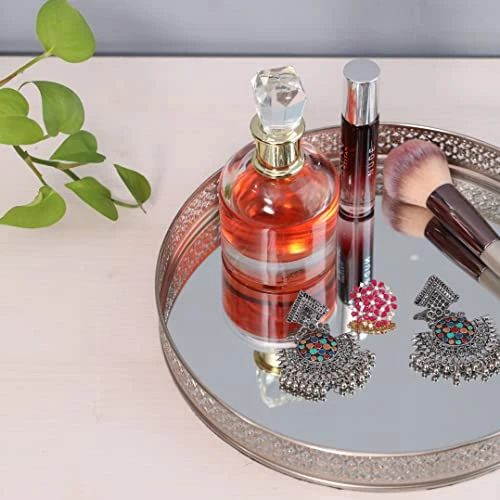 Craft Brio -A TRENDY HANDICRAFTS Round Glass Mirror Silver Plated Serving Tray Decorative Vanity Perfume Storage Pooja Wedding Gifting Metal Laser Cutting Trays (25 X 3 H cm) view 4