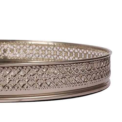 Craft Brio -A TRENDY HANDICRAFTS Round Glass Mirror Silver Plated Serving Tray Decorative Vanity Perfume Storage Pooja Wedding Gifting Metal Laser Cutting Trays (25 X 3 H cm) view 5