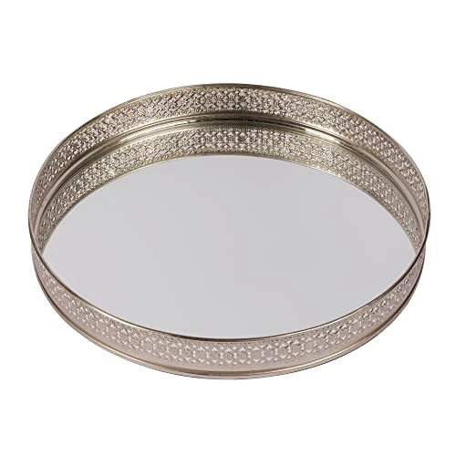 Craft Brio -A TRENDY HANDICRAFTS Round Glass Mirror Silver Plated Serving Tray Decorative Vanity Perfume Storage Pooja Wedding Gifting Metal Laser Cutting Trays (25 X 3 H cm) view 6