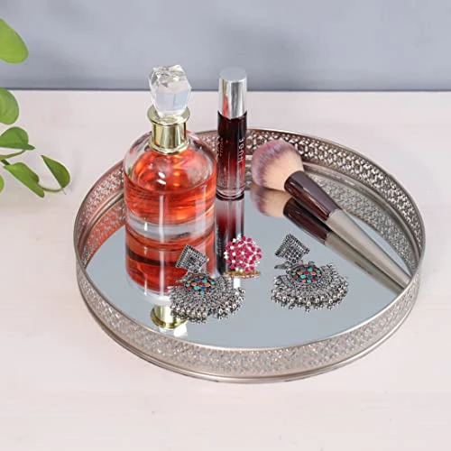 Craft Brio -A TRENDY HANDICRAFTS Round Glass Mirror Silver Plated Serving Tray Decorative Vanity Perfume Storage Pooja Wedding Gifting Metal Laser Cutting Trays (25 X 3 H cm) view 7