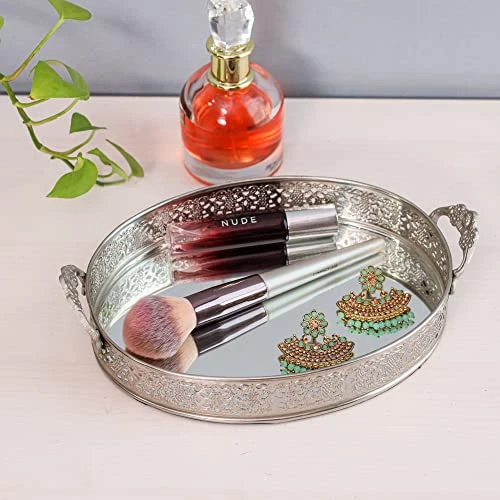 Craft Brio -A TRENDY HANDICRAFTS Oval Glass Mirror Silver Plated Serving Tray with Handmade Handles Decorative Vanity Perfume Storage Pooja Wedding Gifting Trays (26X 6 cm) view 2