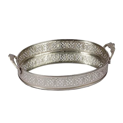 Craft Brio -A TRENDY HANDICRAFTS Oval Glass Mirror Silver Plated Serving Tray with Handmade Handles Decorative Vanity Perfume Storage Pooja Wedding Gifting Trays (26X 6 cm) view 3