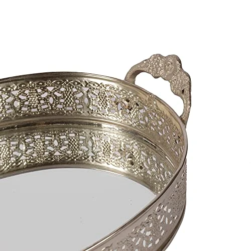 Craft Brio -A TRENDY HANDICRAFTS Oval Glass Mirror Silver Plated Serving Tray with Handmade Handles Decorative Vanity Perfume Storage Pooja Wedding Gifting Trays (26X 6 cm) view 4