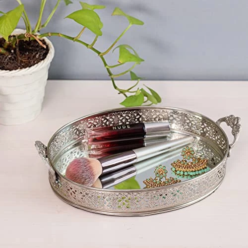 Craft Brio -A TRENDY HANDICRAFTS Oval Glass Mirror Silver Plated Serving Tray with Handmade Handles Decorative Vanity Perfume Storage Pooja Wedding Gifting Trays (26X 6 cm) view 5