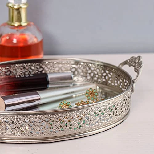 Craft Brio -A TRENDY HANDICRAFTS Oval Glass Mirror Silver Plated Serving Tray with Handmade Handles Decorative Vanity Perfume Storage Pooja Wedding Gifting Trays (26X 6 cm) view 6