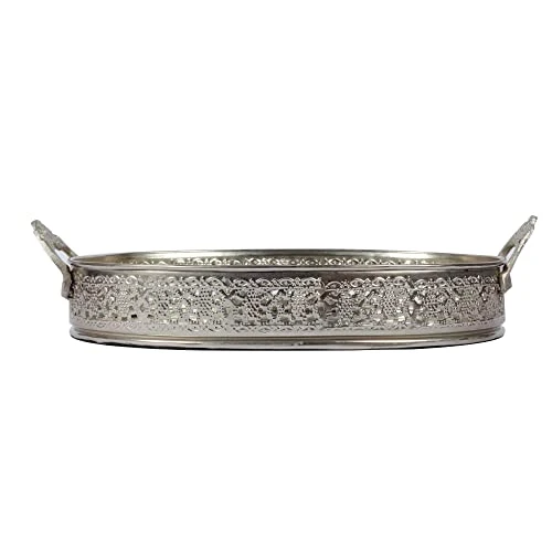 Craft Brio -A TRENDY HANDICRAFTS Oval Glass Mirror Silver Plated Serving Tray with Handmade Handles Decorative Vanity Perfume Storage Pooja Wedding Gifting Trays (26X 6 cm) view 7