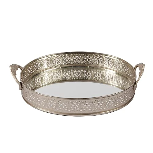 Craft Brio -A TRENDY HANDICRAFTS Oval Glass Mirror Silver Plated Serving Tray with Handmade Handles Decorative Vanity Perfume Storage Pooja Wedding Gifting Trays (26X 6 cm) view 8