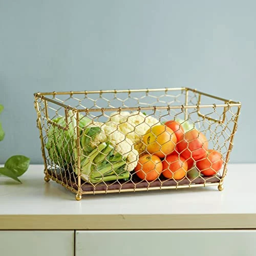 Craft Brio -A TRENDY HANDICRAFTS Gold Wire Basket Wood Base Storage Open Design Organizer For Diwali Kitchen Cabinets Decor (Gold, 1 Pack) view 2