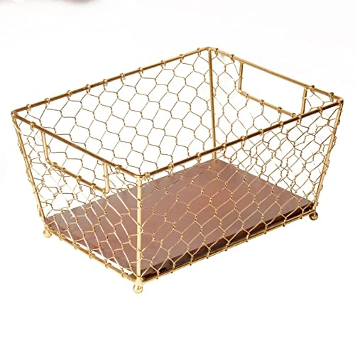 Craft Brio -A TRENDY HANDICRAFTS Gold Wire Basket Wood Base Storage Open Design Organizer For Diwali Kitchen Cabinets Decor (Gold, 1 Pack) view 3