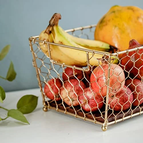 Craft Brio -A TRENDY HANDICRAFTS Gold Wire Basket Wood Base Storage Open Design Organizer For Diwali Kitchen Cabinets Decor (Gold, 1 Pack) view 4