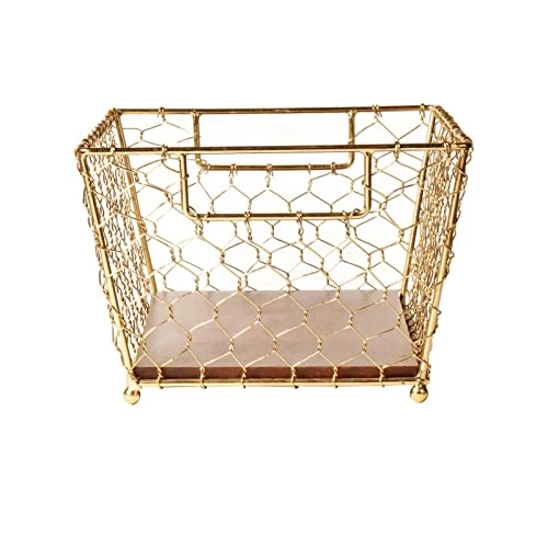 Craft Brio -A TRENDY HANDICRAFTS Gold Wire Basket Wood Base Storage Open Design Organizer For Diwali Kitchen Cabinets Decor (Gold, 1 Pack) view 6