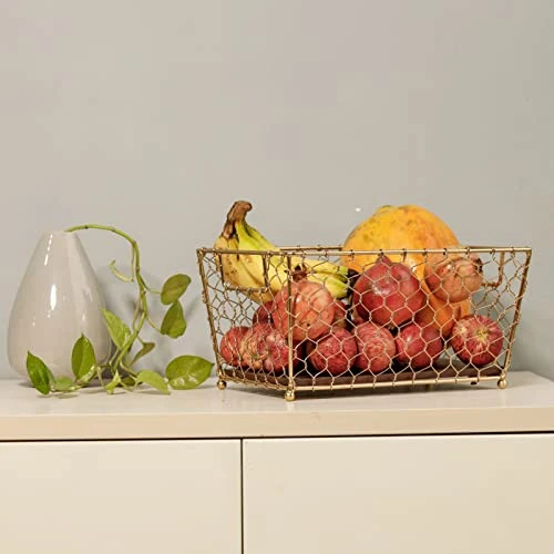 Craft Brio -A TRENDY HANDICRAFTS Gold Wire Basket Wood Base Storage Open Design Organizer For Diwali Kitchen Cabinets Decor (Gold, 1 Pack) view 7