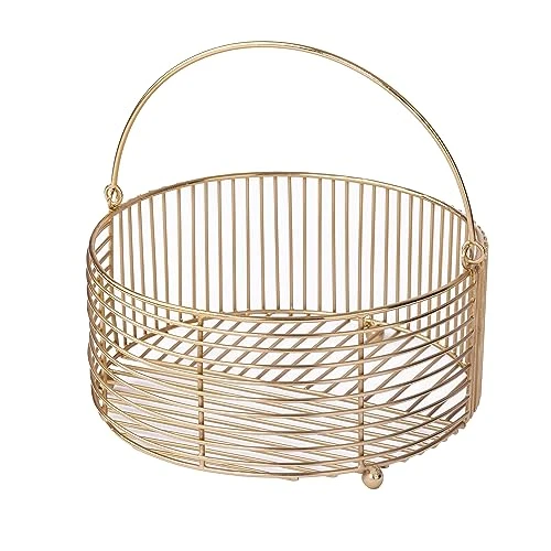 Craft Brio -A TRENDY HANDICRAFTS Round Metal Gold Plated Decorative Wire Basket Diwali Gift Hamper Storage Fruit Vegetable Organizer With Handle-Size 9.5 inches Dia view 2