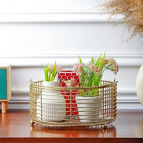 Craft Brio -A TRENDY HANDICRAFTS Round Metal Gold Plated Decorative Wire Basket Diwali Gift Hamper Storage Fruit Vegetable Organizer With Handle-Size 9.5 inches Dia view 3
